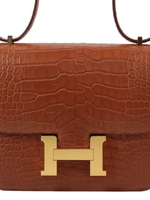 HERMèS Matte Alligator Constance Mini 19 shoulder bag in Gold with Gold hardware