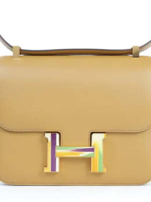 HERMèS Constance 24 Marqueterie de Paille Natural (27) Poussiere (1C) Tadelakt Gold hardware W