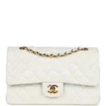 Vintage Chanel Medium Classic Double Flap Bag White Lambskin Gold Hardware