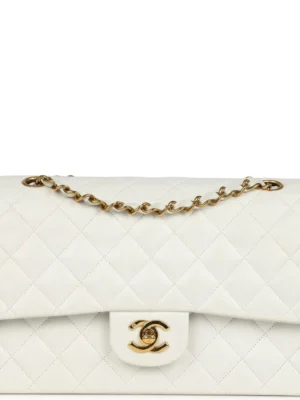 Vintage Chanel Medium Classic Double Flap Bag White Lambskin Gold Hardware