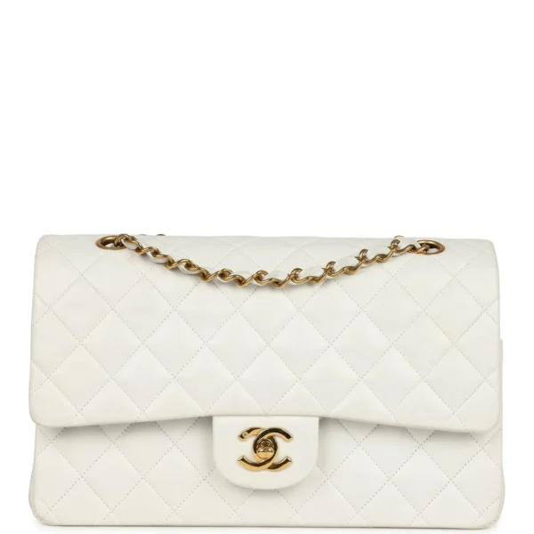 Vintage Chanel Medium Classic Double Flap Bag White Lambskin Gold Hardware