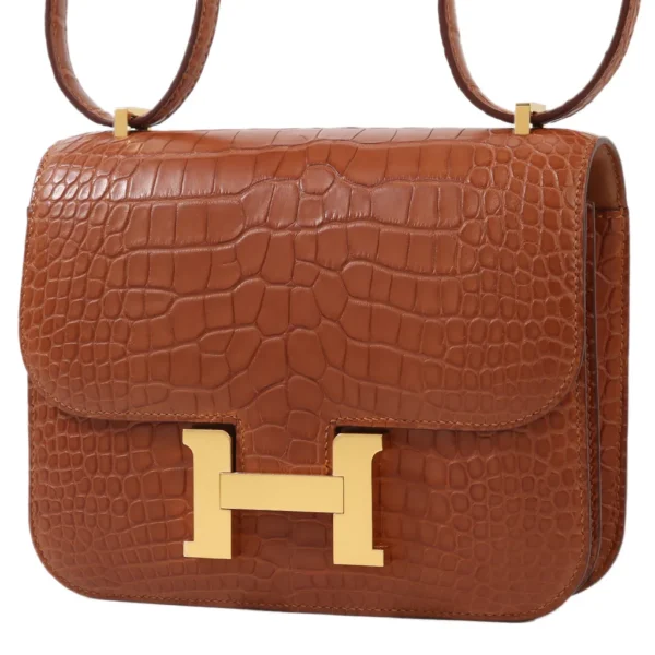 HERMèS Matte Alligator Constance Mini 19 shoulder bag in Gold with Gold hardware