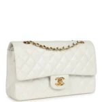 Vintage Chanel Medium Classic Double Flap Bag White Lambskin Gold Hardware