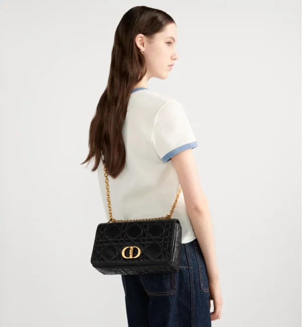 Medium Soft Dior Caro Bag Black Macrocannage Lambskin