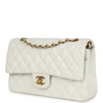 Vintage Chanel Medium Classic Double Flap Bag White Lambskin Gold Hardware