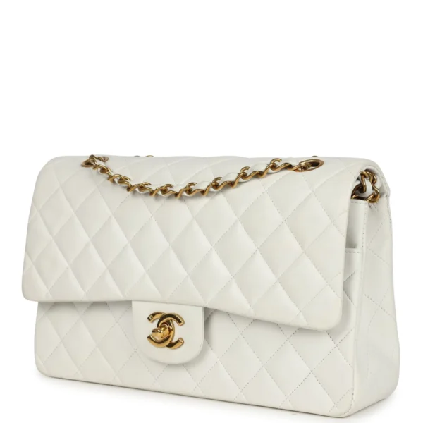 Vintage Chanel Medium Classic Double Flap Bag White Lambskin Gold Hardware