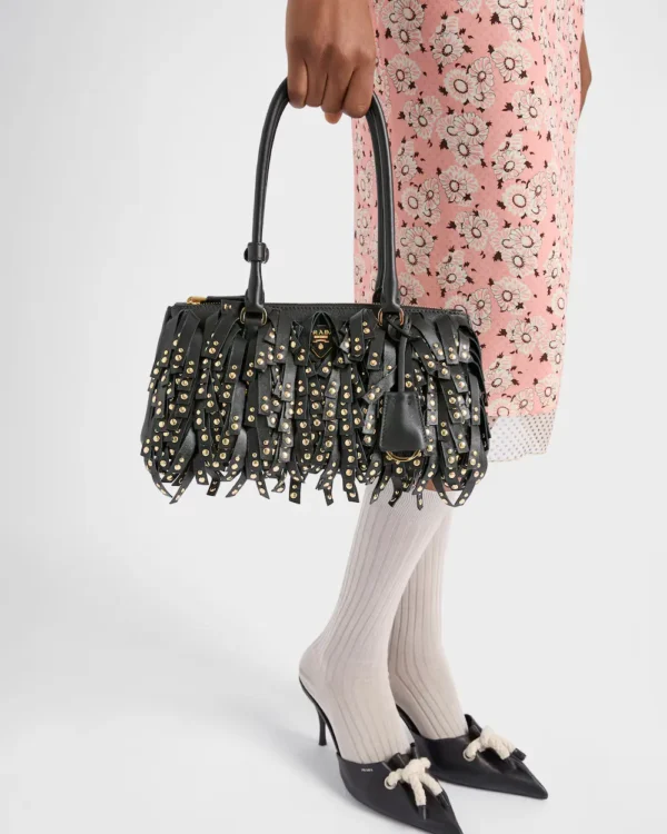 Prada Galleria medium nappa leather bag with fringe and studs Black