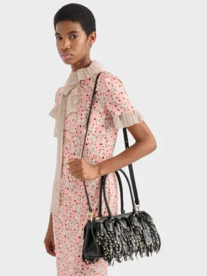 Prada Galleria medium nappa leather bag with fringe and studs Black