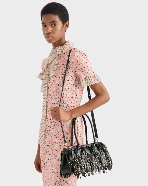 Prada Galleria medium nappa leather bag with fringe and studs Black